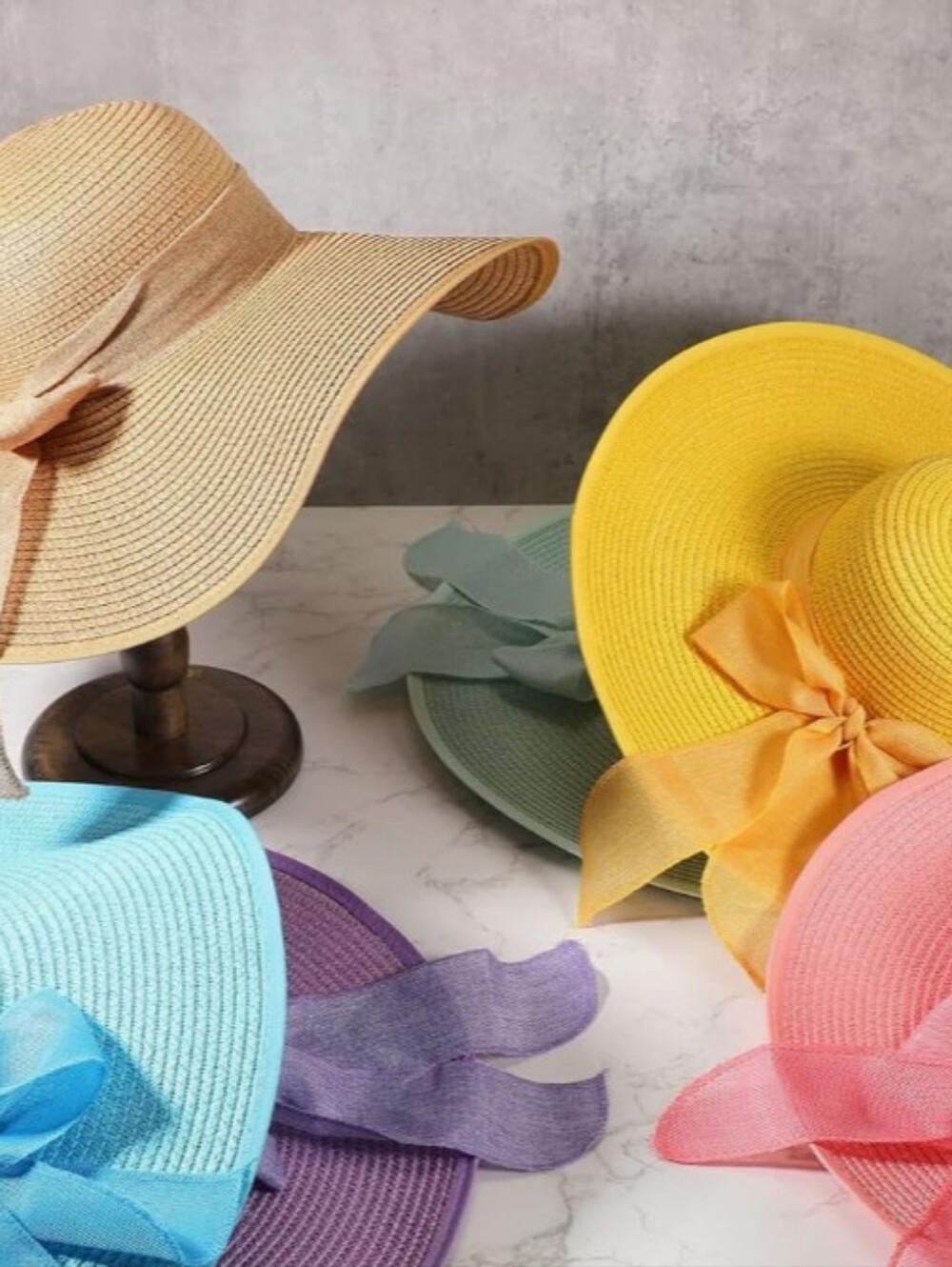 3 Pc Wide Brim Straw Sun Hat with Ribbon Bow Various Colors Rainbow Colorful 🌈